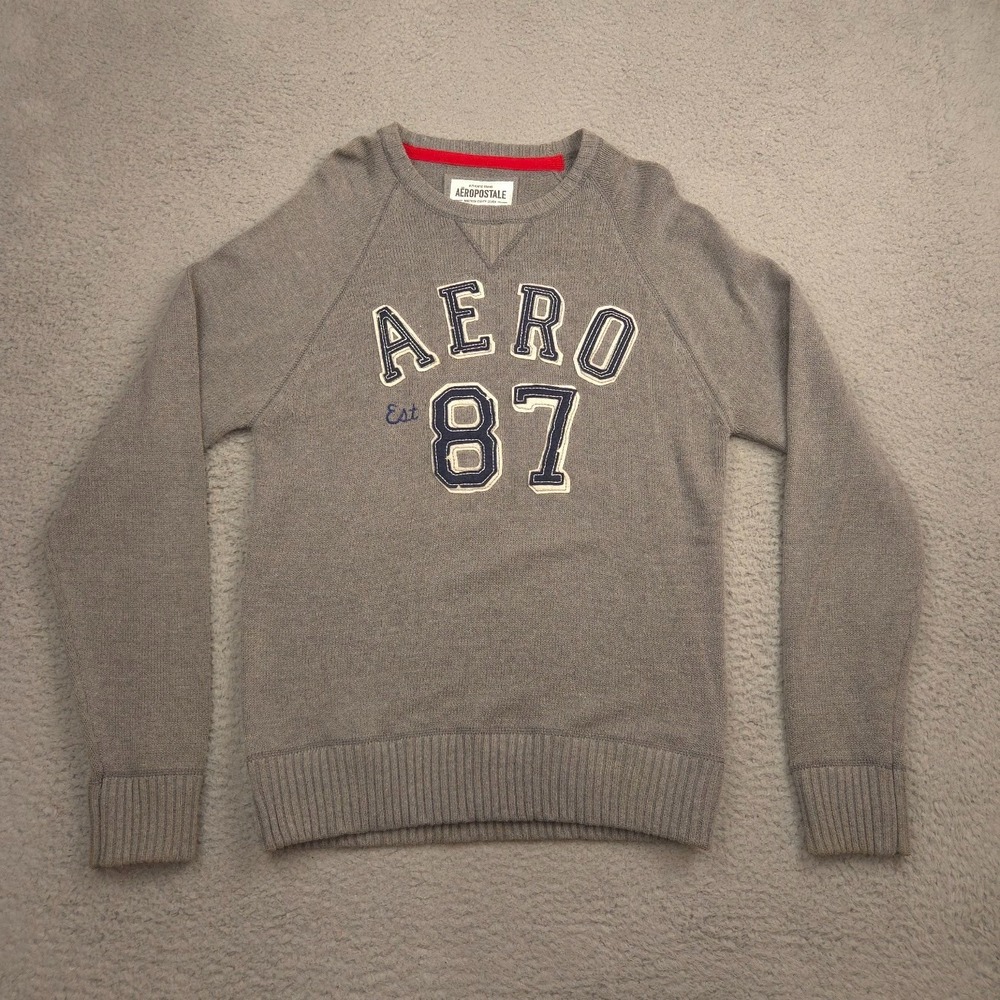 Aeropostale Sweater Men's XL Gray Crewneck Knit Pullover AERO 87 Logo